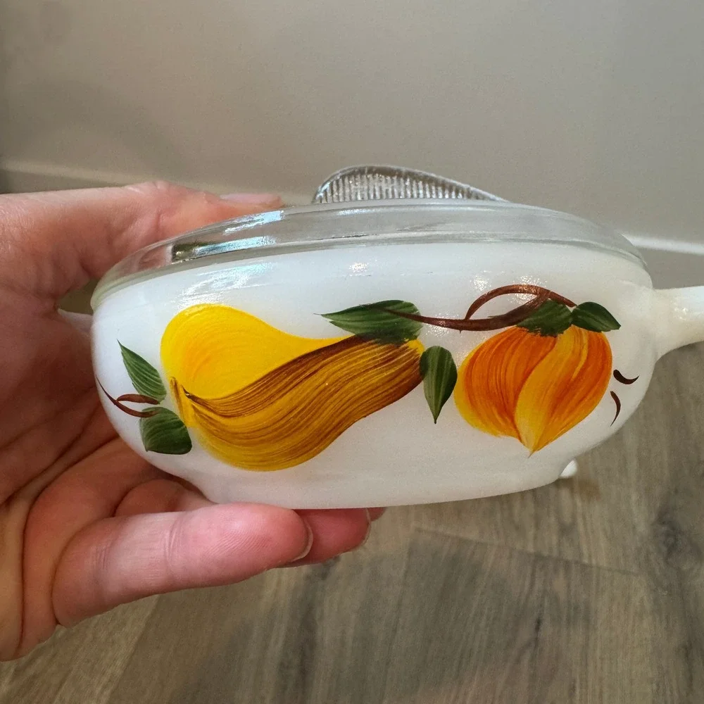Vintage Glasbake Harvest Pear Milk Glass Soup Bowls with Fin Lids Set of 3 Small